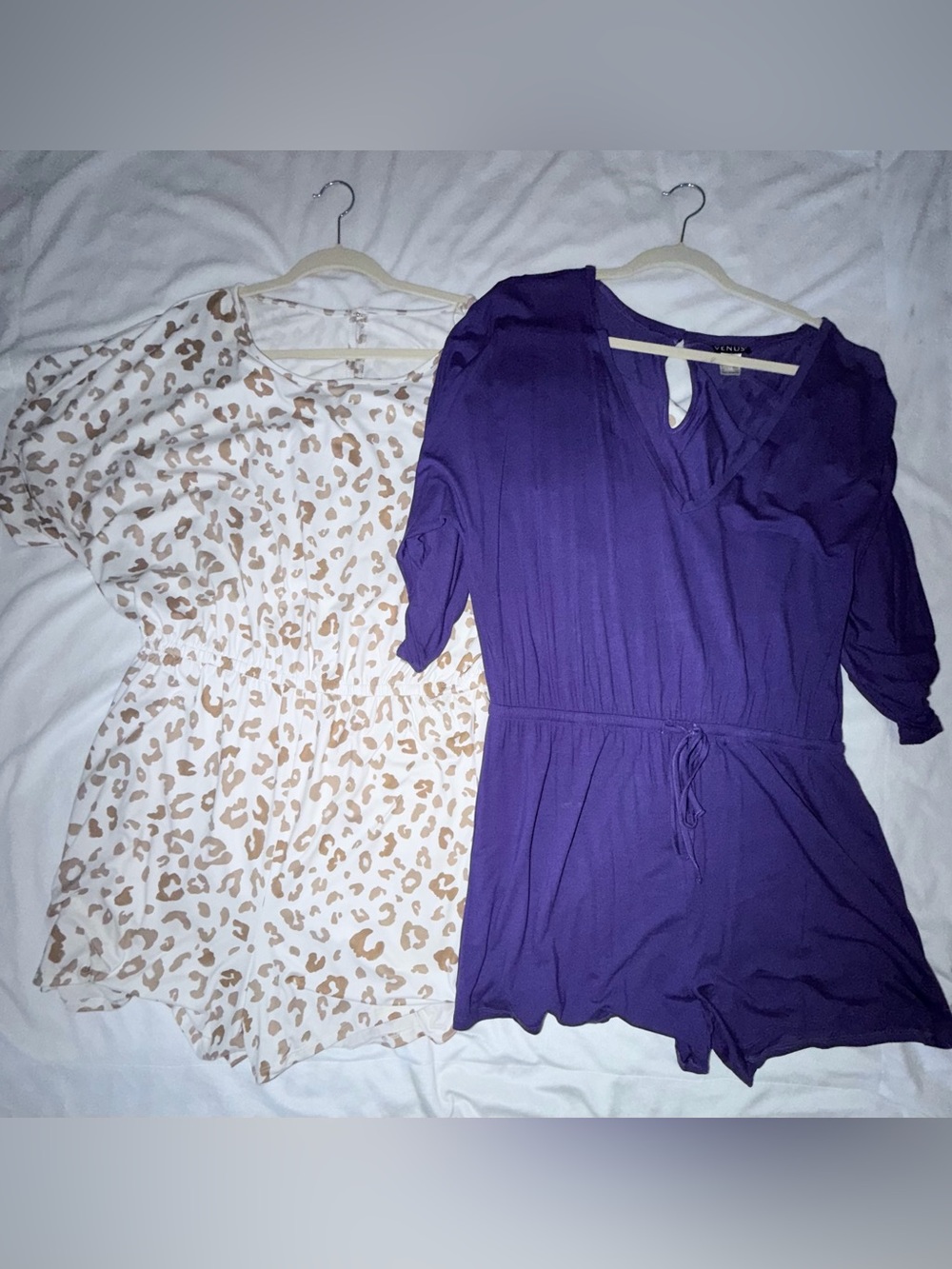 Purple V-Neck Drawstring Romper & Cream Leopard Print Romper